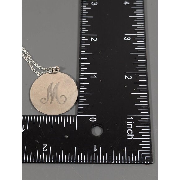 Silver Tone Initial Letter M Etched Round Pendant Necklace Monogram 18 in - Picture 8 of 8